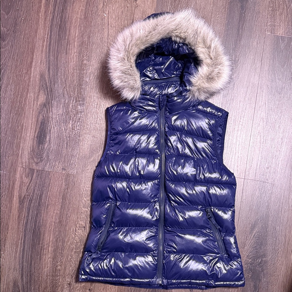 Navy Puffer Vest with Faux Fur Hood
